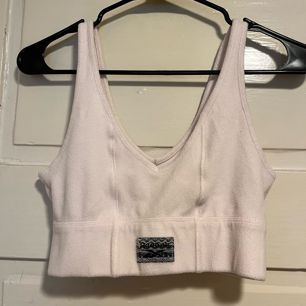 Reebok white / pale pink fuzzy athleisure sports bra